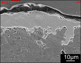 （図/写真2）C/Cコンポジットの模擬物質としてグラファイトを使用。電気化学的に珪化して得られたSiC皮膜のSEM（走査型電子顕微鏡）像。グラファイトの隙間にもSiCが形成されることによりアンカー効果が見込まれ、高い密着性が期待される。